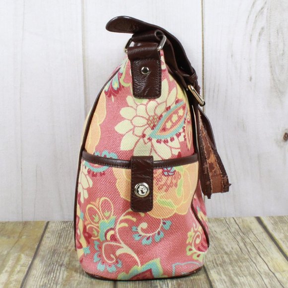 Spartina Pink Floral Canvas Brown Leather Trim Lined Shoulder Bag Size OS - Picture 3 of 12